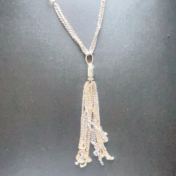 Chico's 2 Tone Silver & Gold Long Multi Chain with Tassel Necklace Medium - Picture 2 of 5